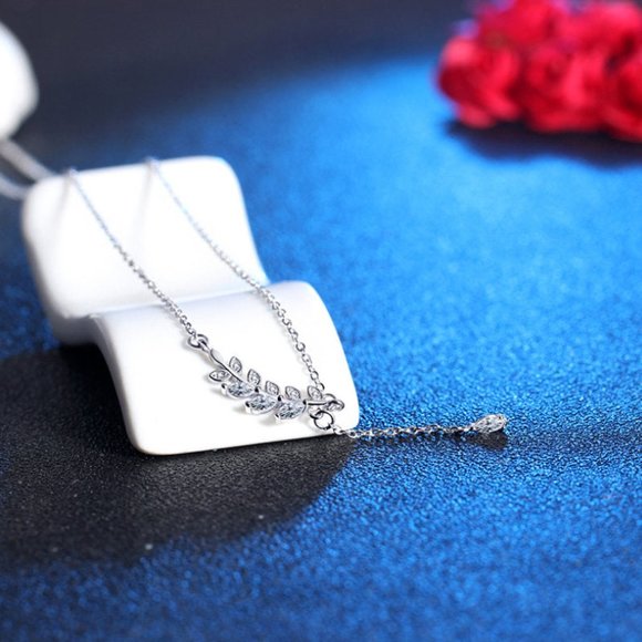 14k Gold Leaf Lab Diamond Tear Drop Necklace Sterling Silver - Picture 5 of 14